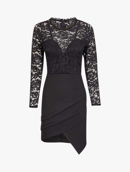 Robe drapée à empiècement dentelle - Noir - 1