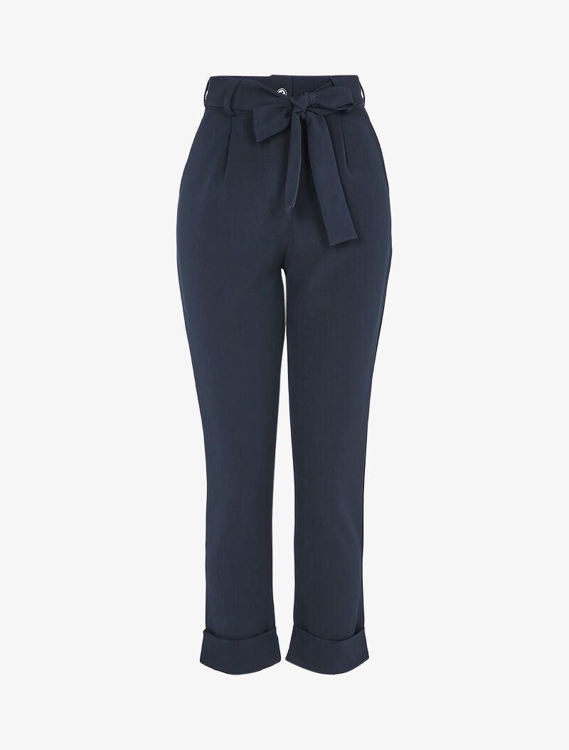 Pantalon taille haute coupe carotte à revers - Marine - 3