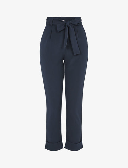 Pantalon taille haute coupe carotte à revers - Marine - 3