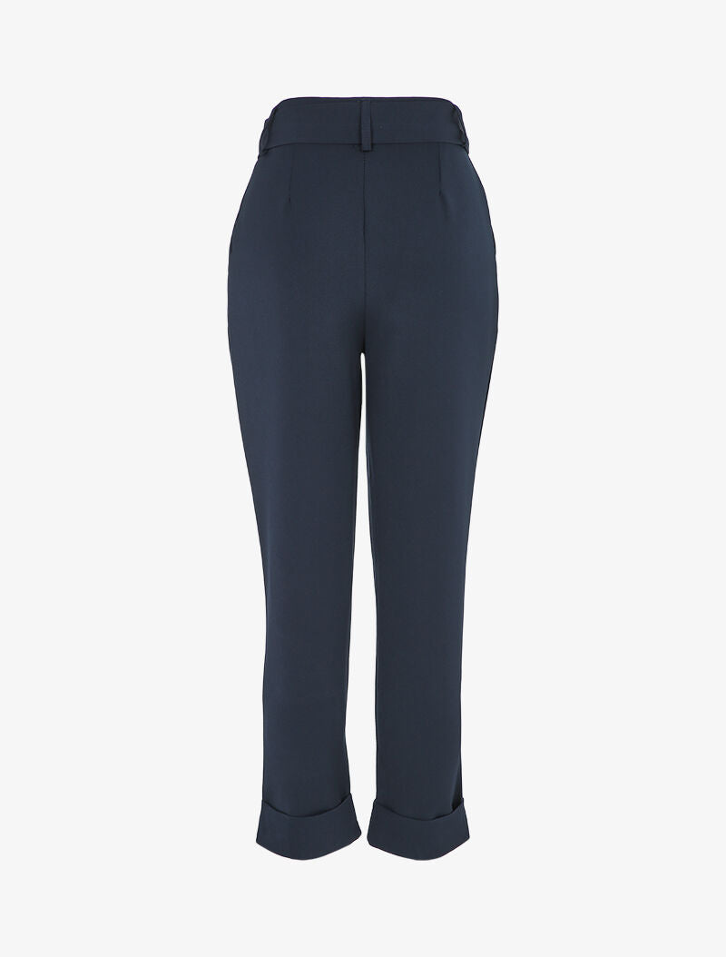 Pantalon taille haute coupe carotte à revers - Marine - 2