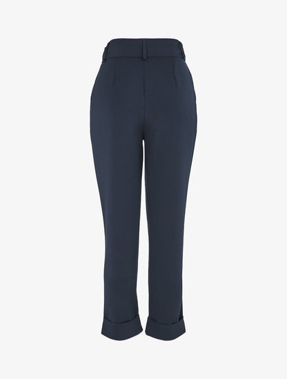 Pantalon taille haute coupe carotte à revers - Marine - 2