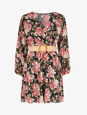 Robe patineuse cache-cœur à imprimé roses - Noir - 1