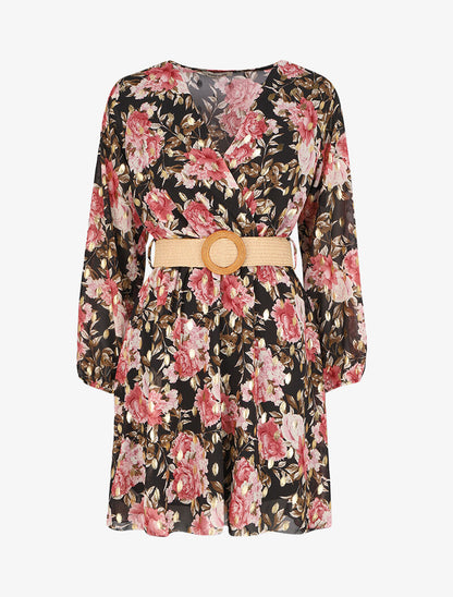 Robe patineuse cache-cœur à imprimé roses - Noir - 1