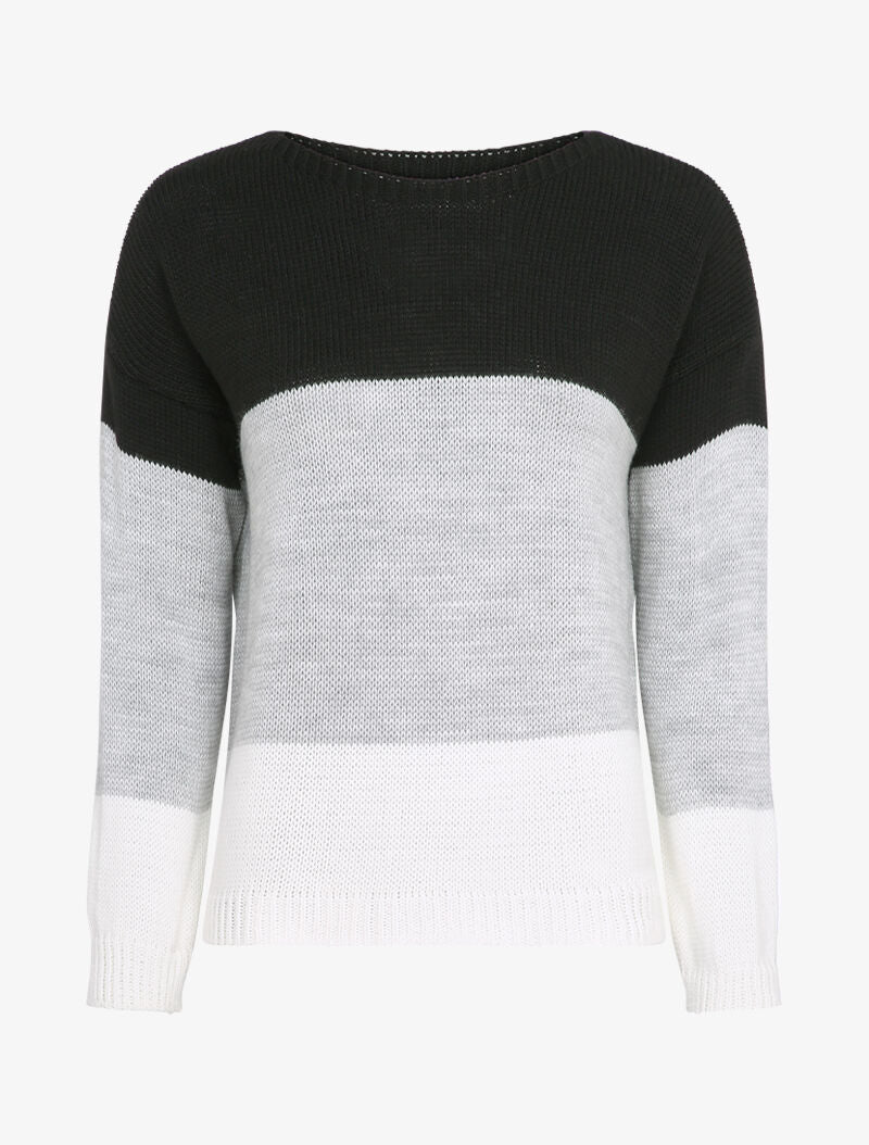 Pull tricolore basique à col bateau - Noir/gris/blanc - 1