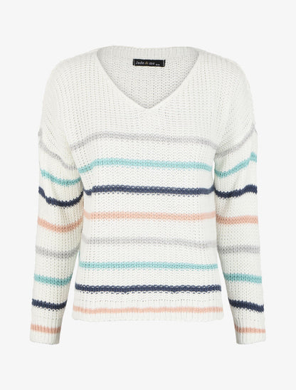 Pull à rayures colorées et col V - Blanc - 1