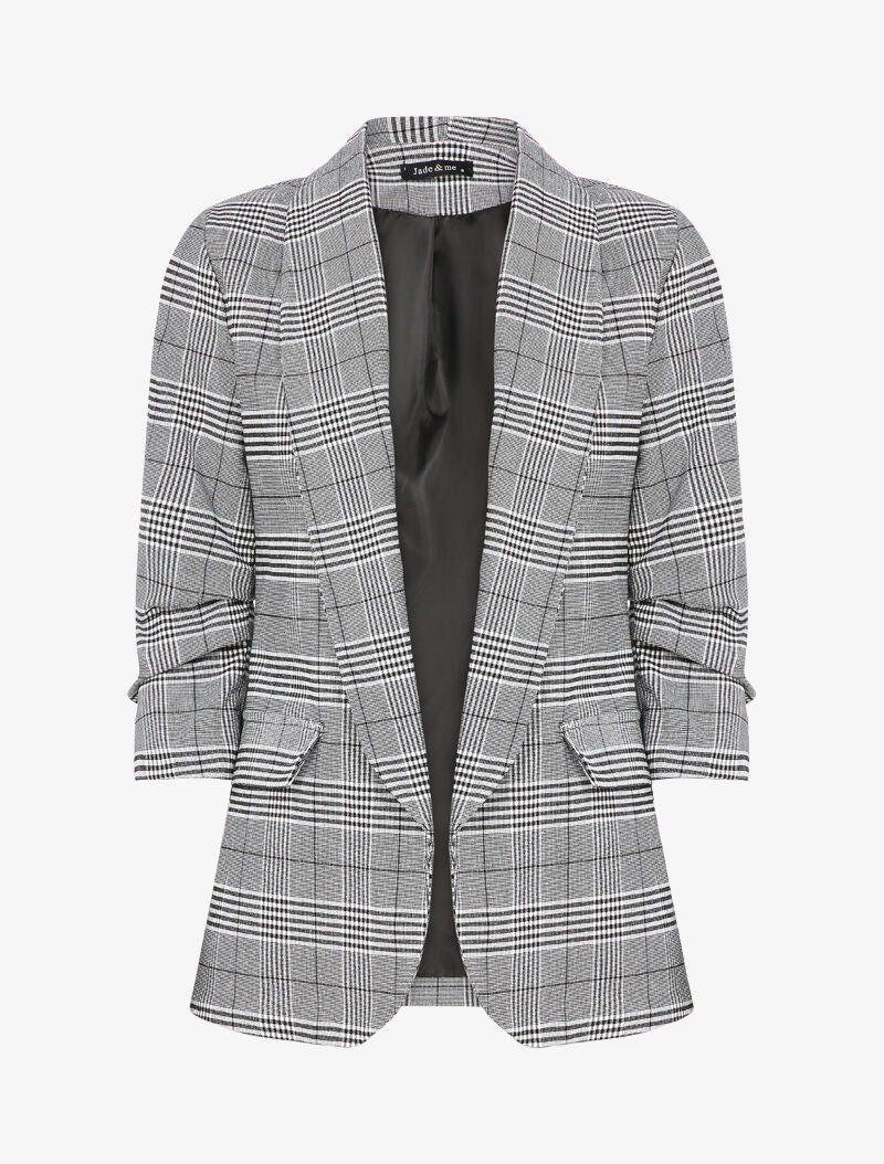 Blazer imprimé prince de galles à manches 3/4 froncée - Noir - 1