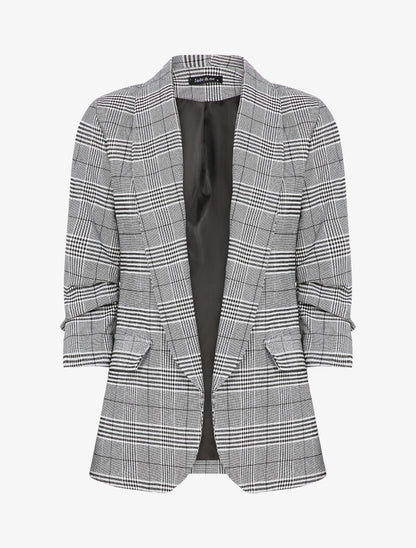 Blazer imprimé prince de galles à manches 3/4 froncée - Noir - 1