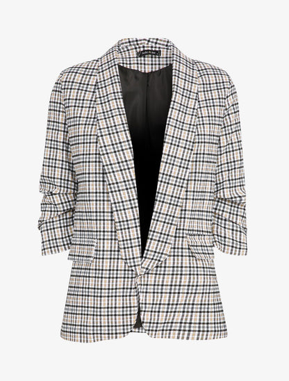 Blazer imprimé petits carreaux à manches 3/4 froncée - Noir/beige - 4