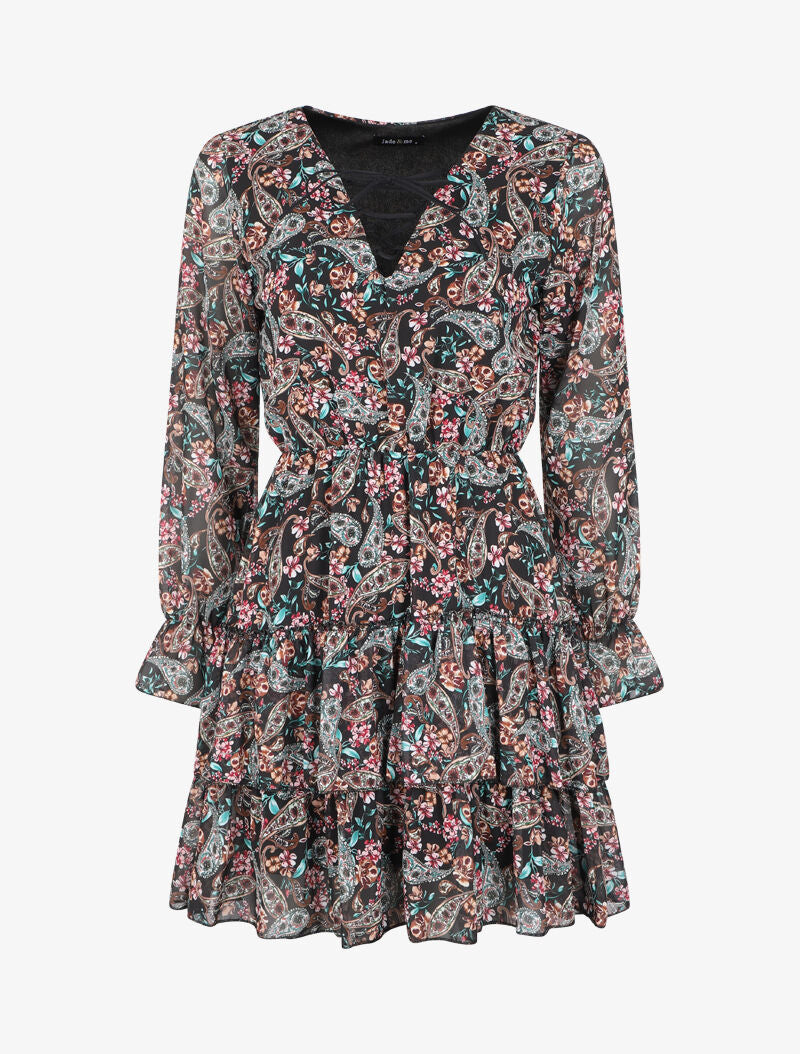 Robe volantée à col à lacets et imprimé cachemire fleuri - Noir - 1