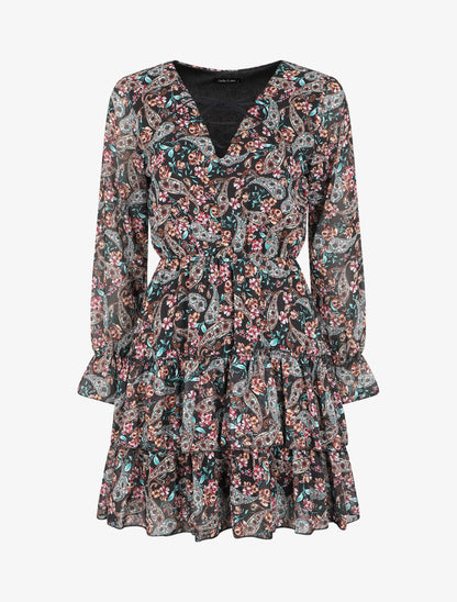 Robe volantée à col à lacets et imprimé cachemire fleuri - Noir - 1