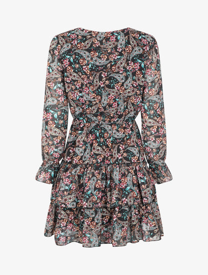 Robe volantée à col à lacets et imprimé cachemire fleuri - Noir - 2