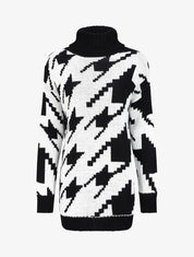 Pull long à col roulé et imprimé pied de coq stylisé - Noir - 1