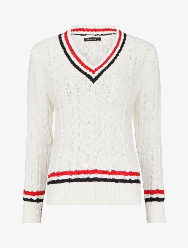 Pull en maille torsadée à rayures - Blanc - 1