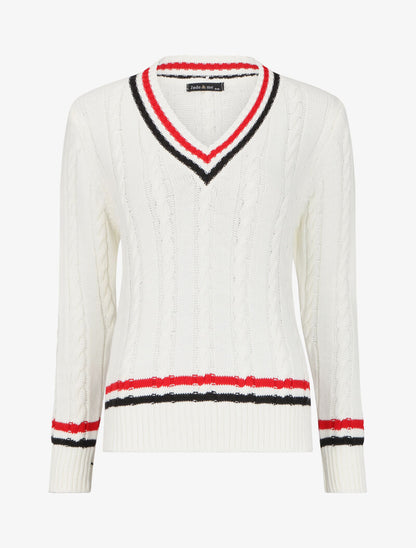 Pull en maille torsadée à rayures - Blanc - 1