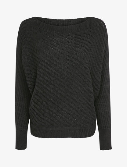 Pull col bateau en maille striée - Noir - 4