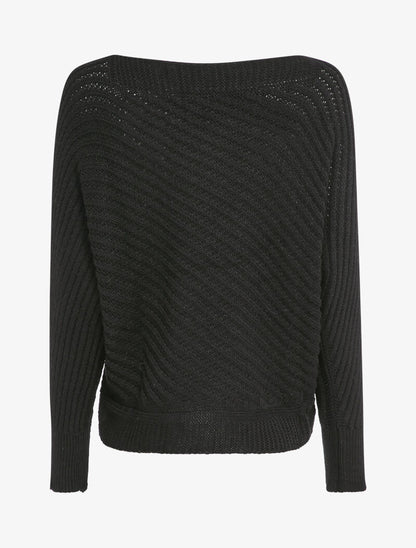 Pull col bateau en maille striée - Noir - 2
