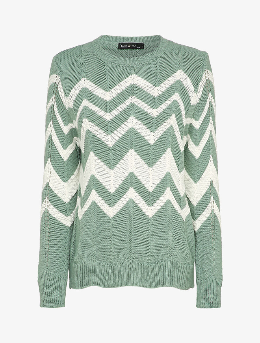 Pull en maille à motif zig zag - Bleu gris - 1