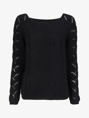 Pull en maille épaisse à manches effet tressé - Noir - 1