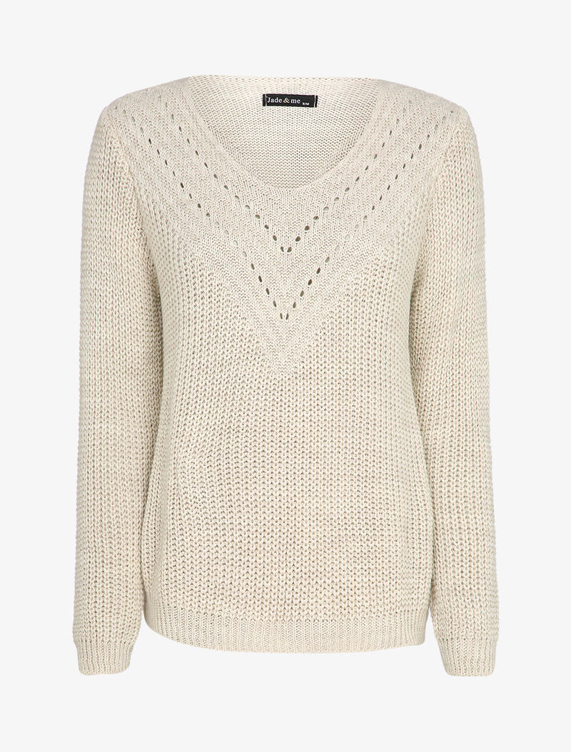 Pull uni à col V ajouré - Beige - 1