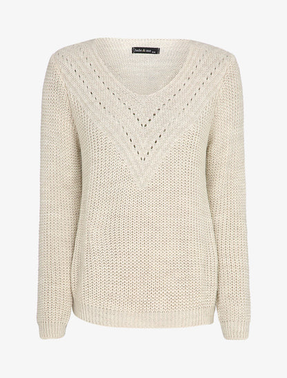 Pull uni à col V ajouré - Beige - 1