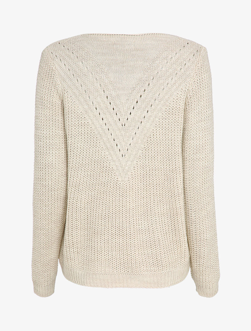 Pull uni à col V ajouré - Beige - 2