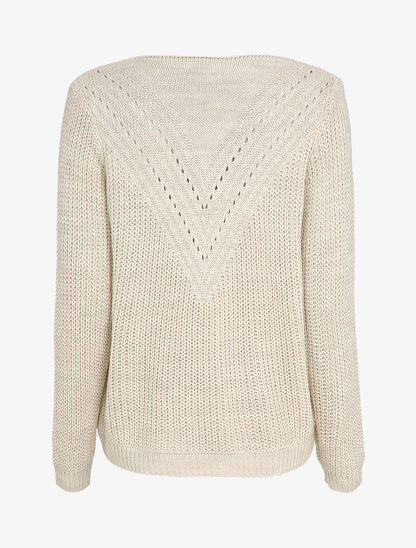 Pull uni à col V ajouré - Beige - 2