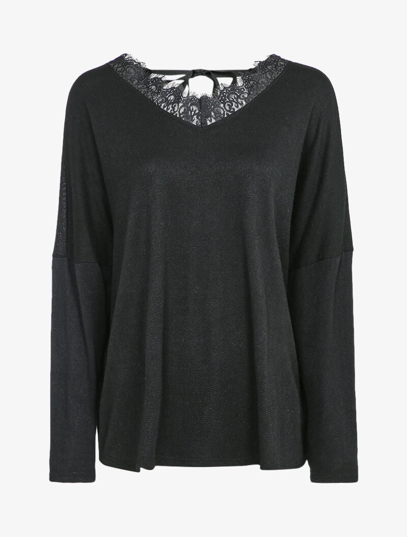 Pull fin oversize à empiècement dentelle - Noir - 1