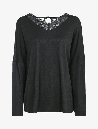 Pull fin oversize à empiècement dentelle - Noir - 1