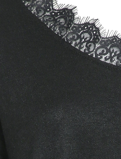 Pull fin oversize à empiècement dentelle - Noir - 3