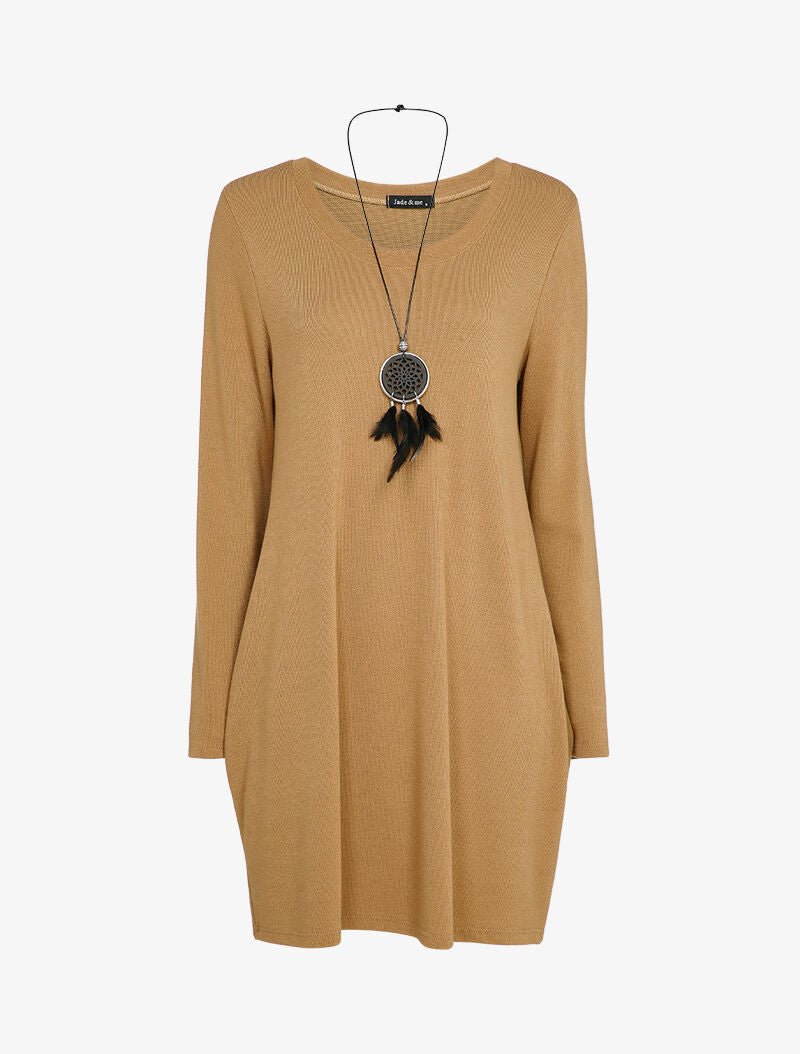 Robe pull fluide avec sautoir - Camel - 1