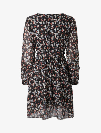 Robe patineuse imprimé fleurs de cerisier lamé à manches plissées - Noir - 2