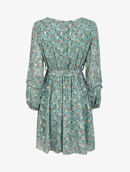 Robe patineuse imprimé fleurs de cerisier lamé à manches plissées - Vert d&