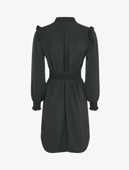 Robe satinée à épaules volantées et manches bouffantes - Noir - 2