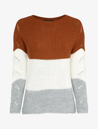 Pull long color block en maille - Marron - 1