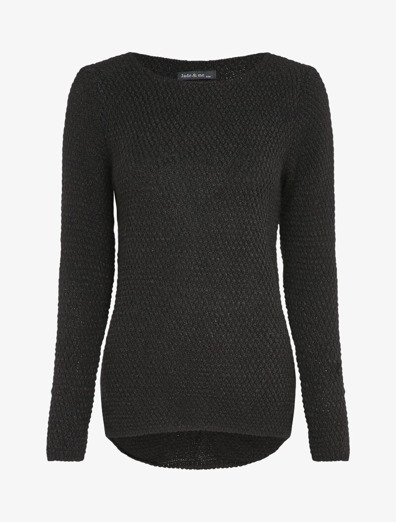 Pull long à dos en maille ajourée - Noir - 1