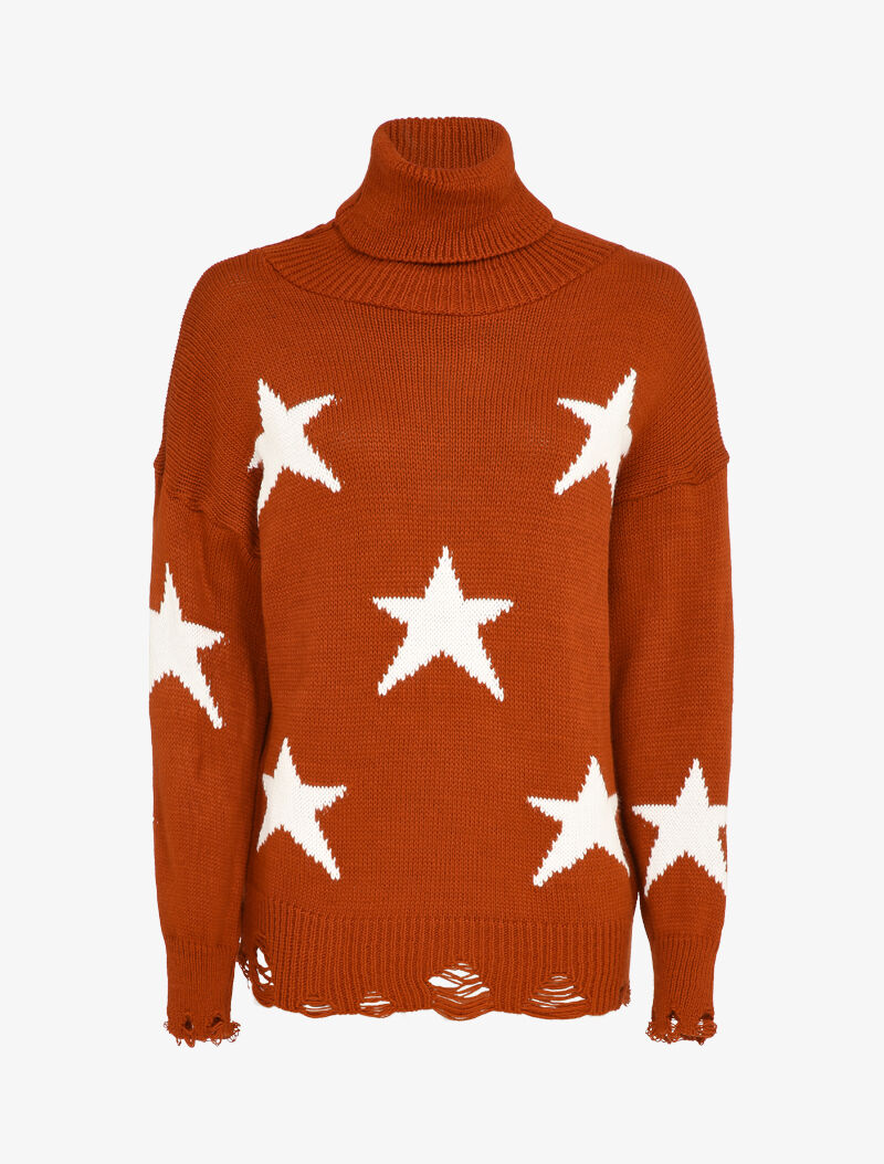 Pull à col roulé à bords effilochés et imprimé étoiles - Rouille - 1
