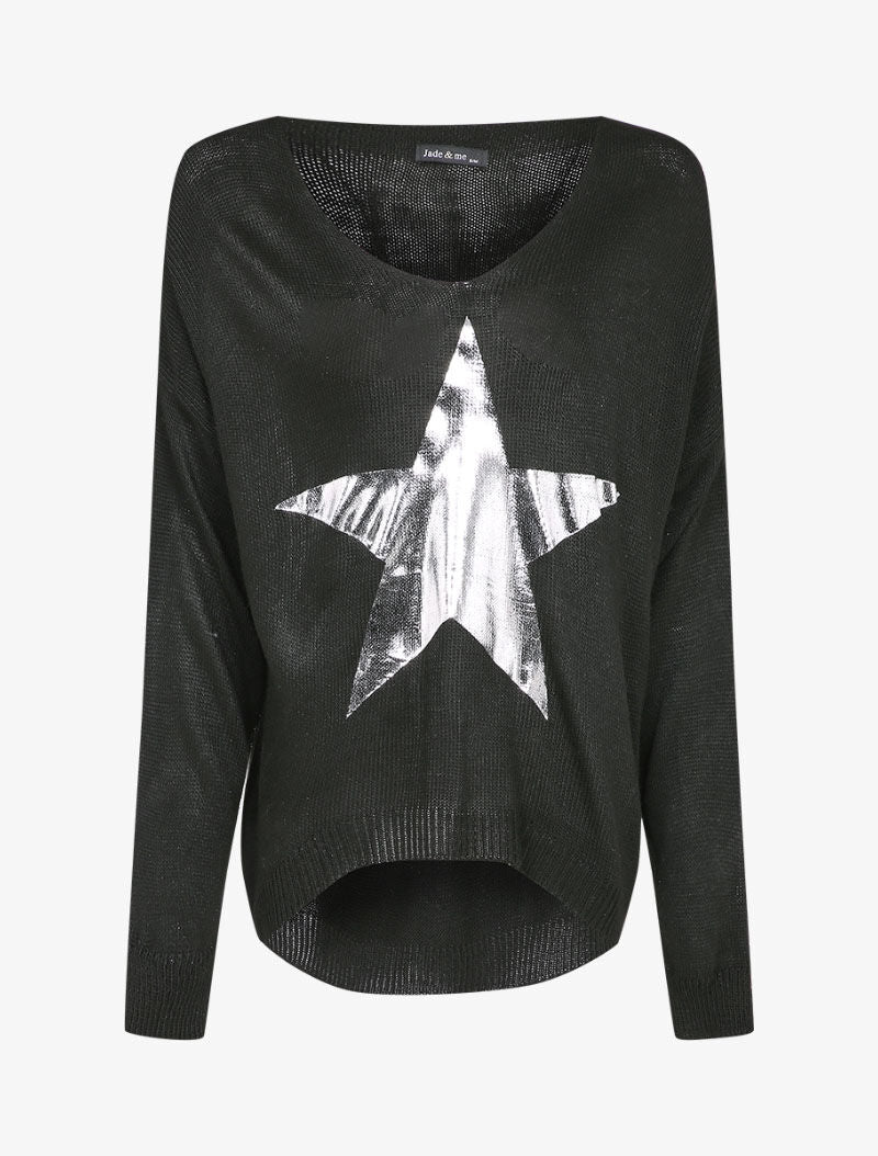 Pull long oversize à motif étoile argentée - Noir - 1