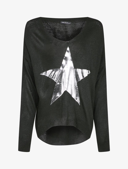 Pull long oversize à motif étoile argentée - Noir - 1