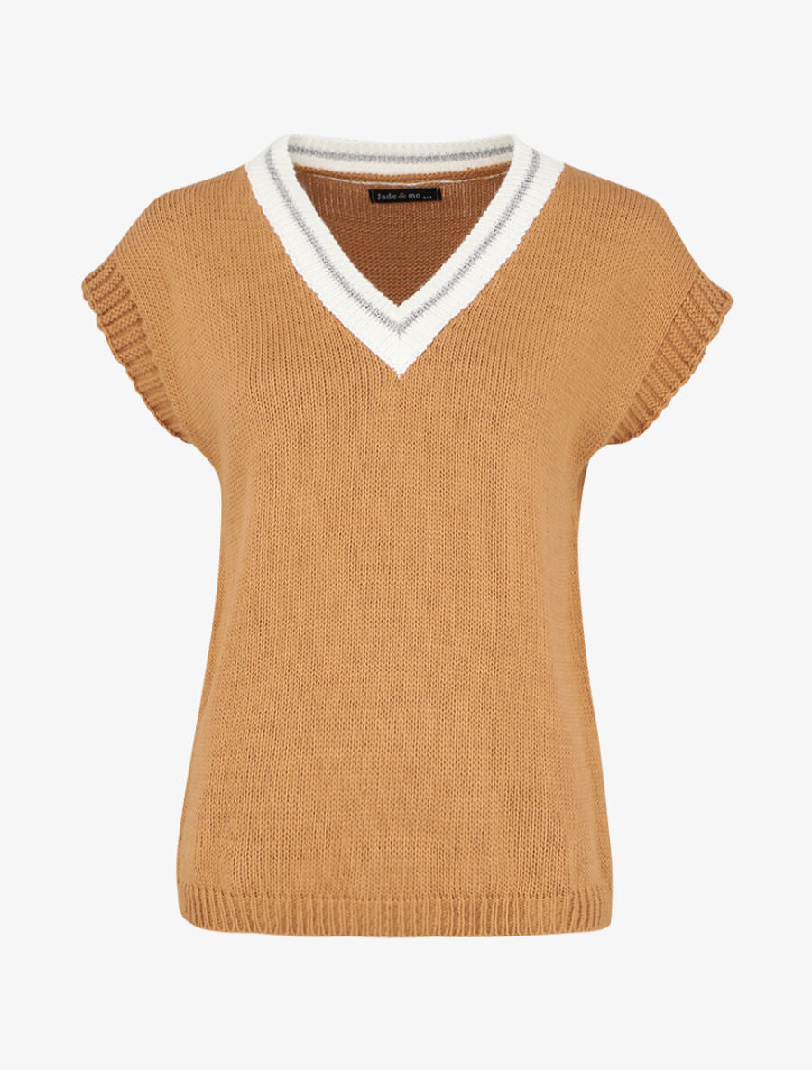 Pull oversize à col V stylisé - Camel - 1