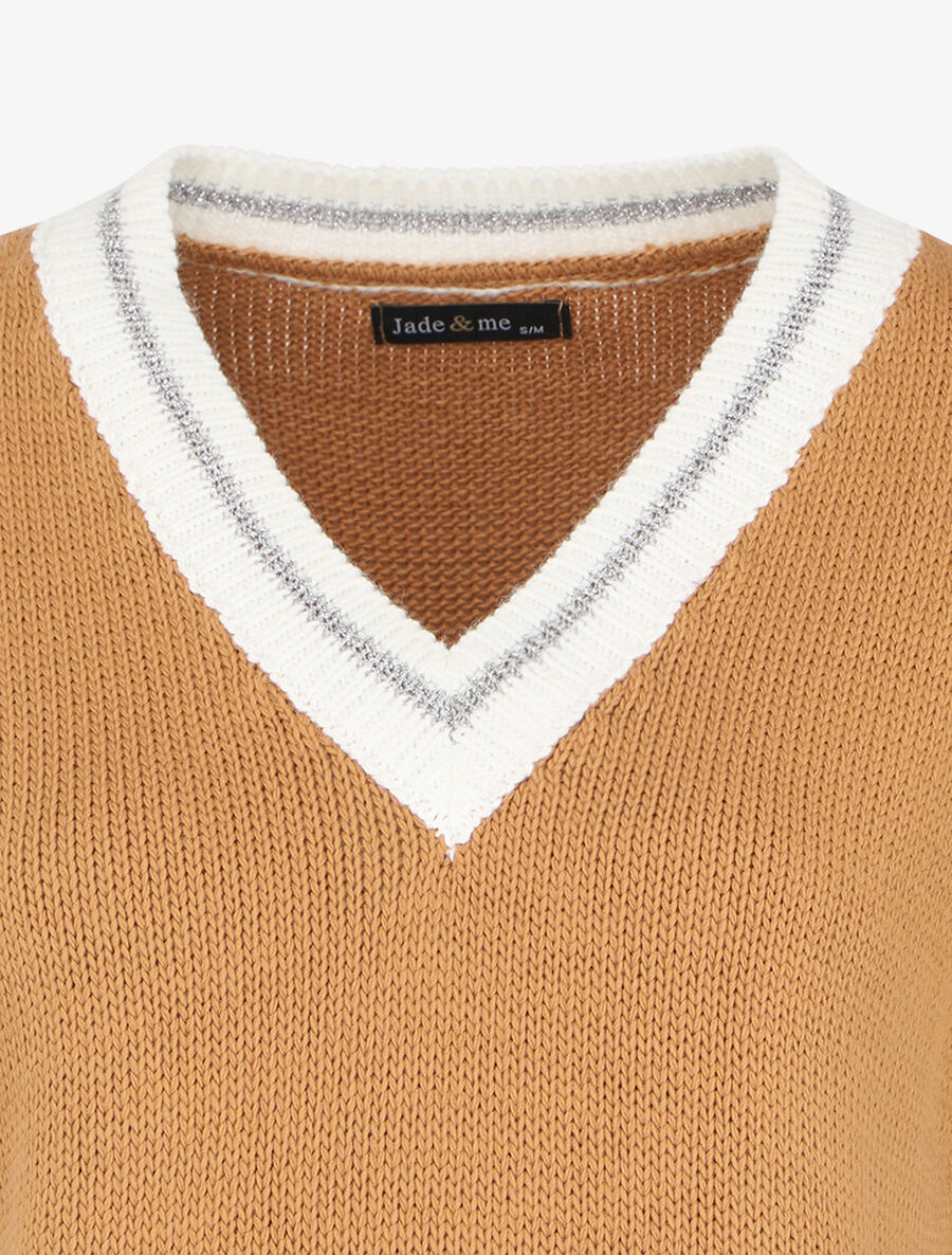 Pull oversize à col V stylisé - Camel - 3