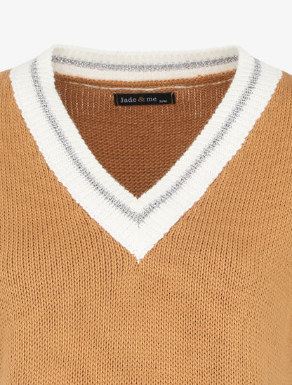 Pull oversize à col V stylisé - Camel - 3