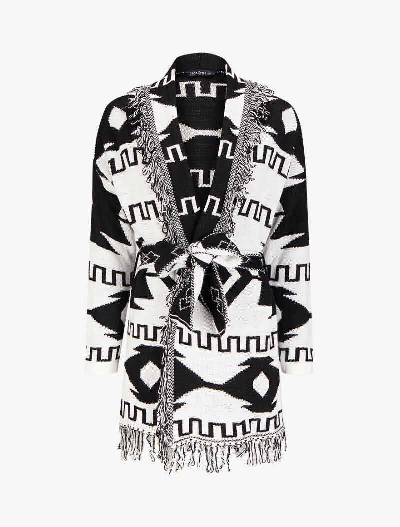 Cardigan à franges imprimé aztèque - Noir - 1