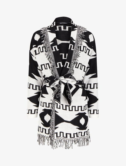 Cardigan à franges imprimé aztèque - Noir - 1