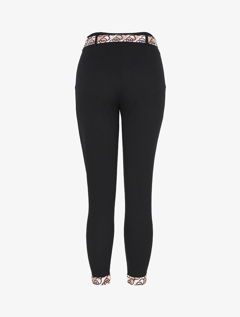 Pantalon taille haute 7/8 à revers imprimés - Noir/beige - 2