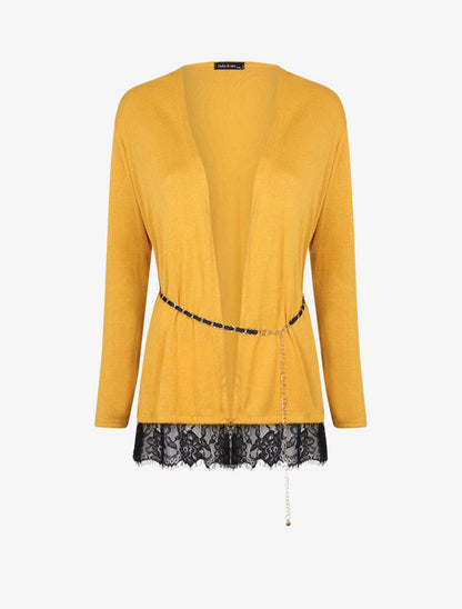 Gilet en maille fine à bords en dentelle - Jaune - 1