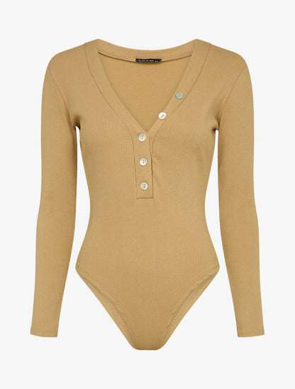 Body stretch à boutons stylisés - Beige foncé - 1