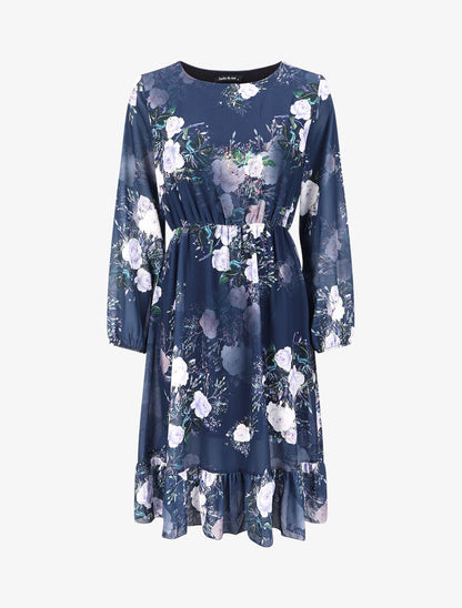 Robe à bords volantés et imprimé bouquet de roses - Marine - 4