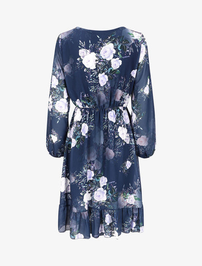 Robe à bords volantés et imprimé bouquet de roses - Marine - 2