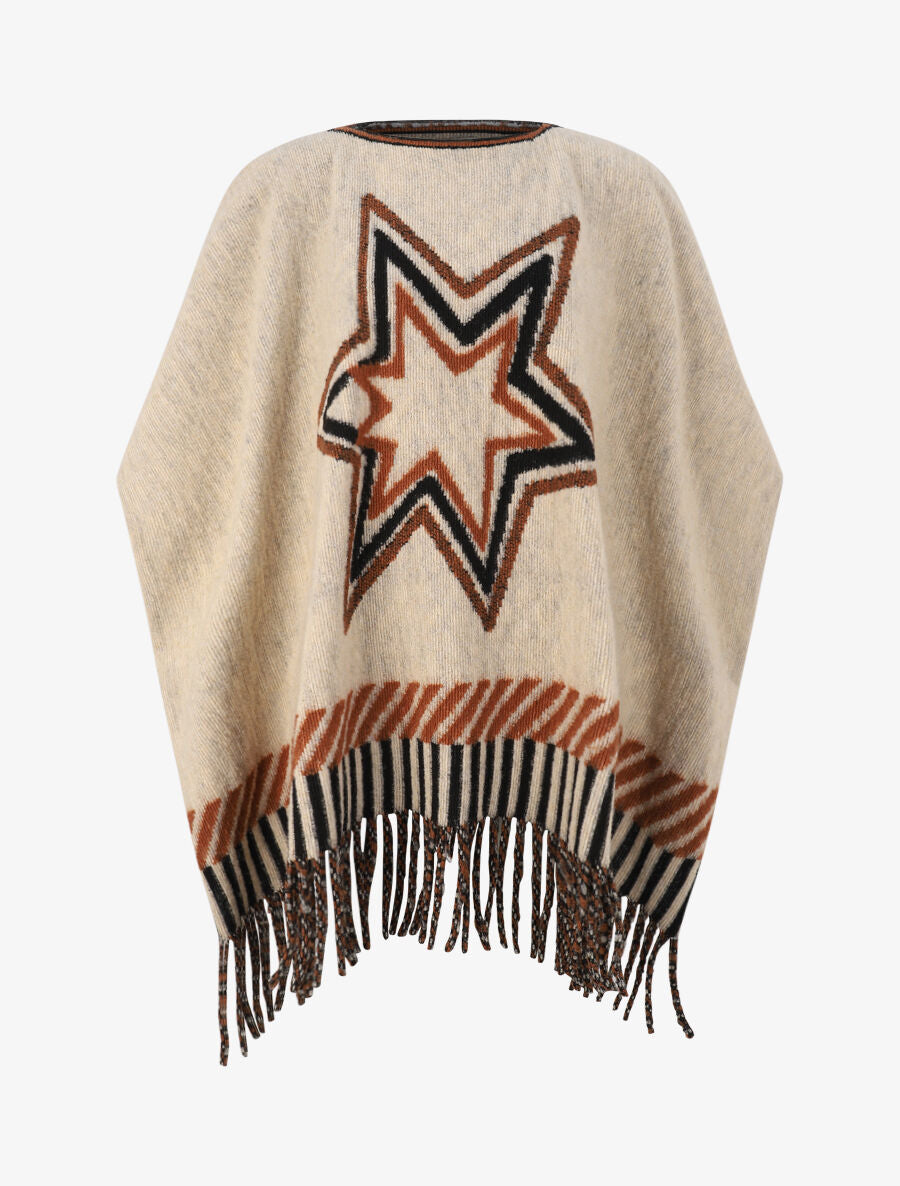 Poncho à franges et motif étoile - Beige - 4