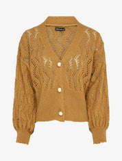 Gilet en maille ajourée à boutons en perles - Camel - 4